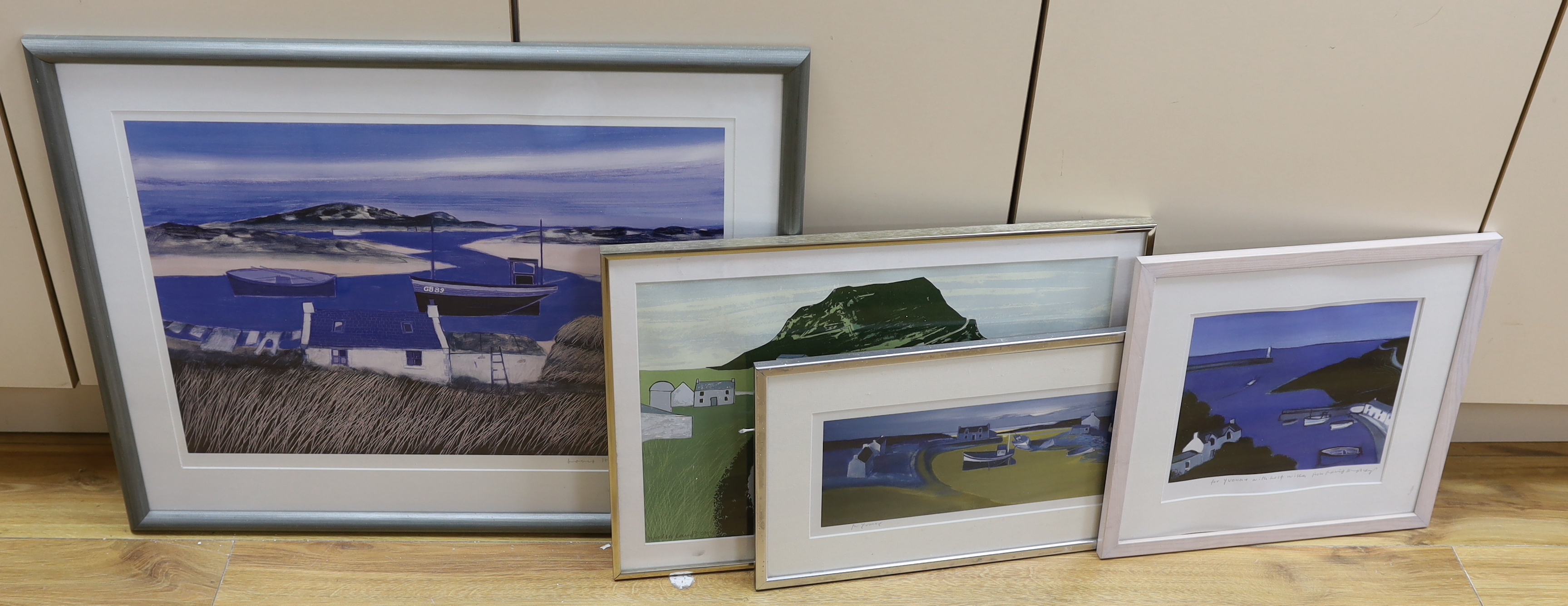 David Humphreys (b.1937), four colour lithographs, Cottages and panoramic landscape and harbour scenes, each pencil signed, two with personal inscription, the largest 60cm x 42cm